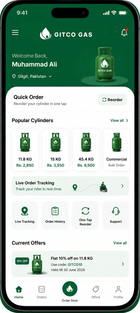 The Gitco Gas app home screen showing quick order, popular cylinders and live order tracking