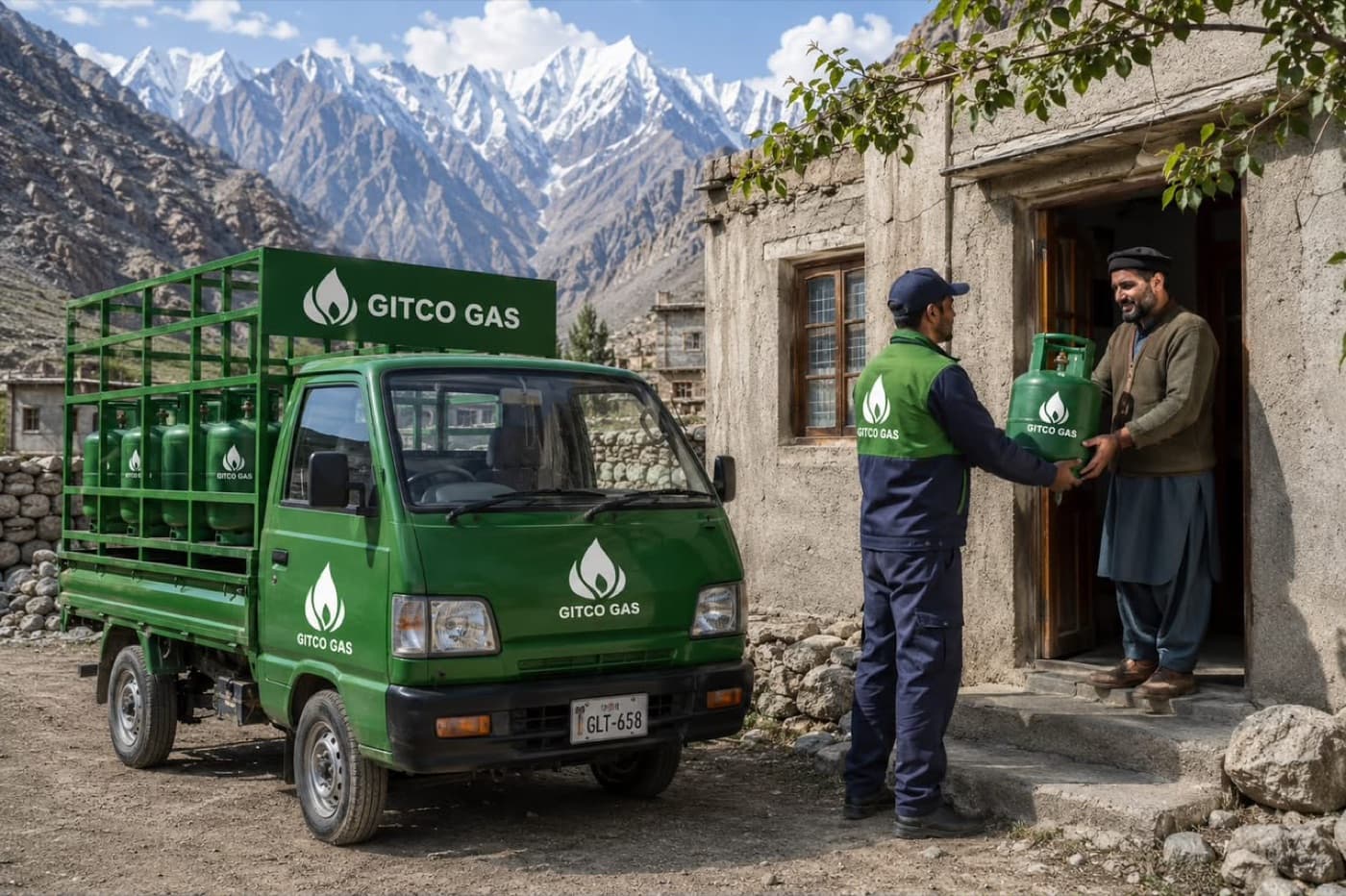 A Gitco Gas rider handing a cylinder to a customer beside a loaded delivery truck in the mountains